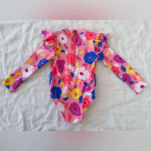 Mini Mango Long Sleeve Swimsuit - Bright Florals, Ruffle Sleeve - Size 2 - Picture 2 of 5